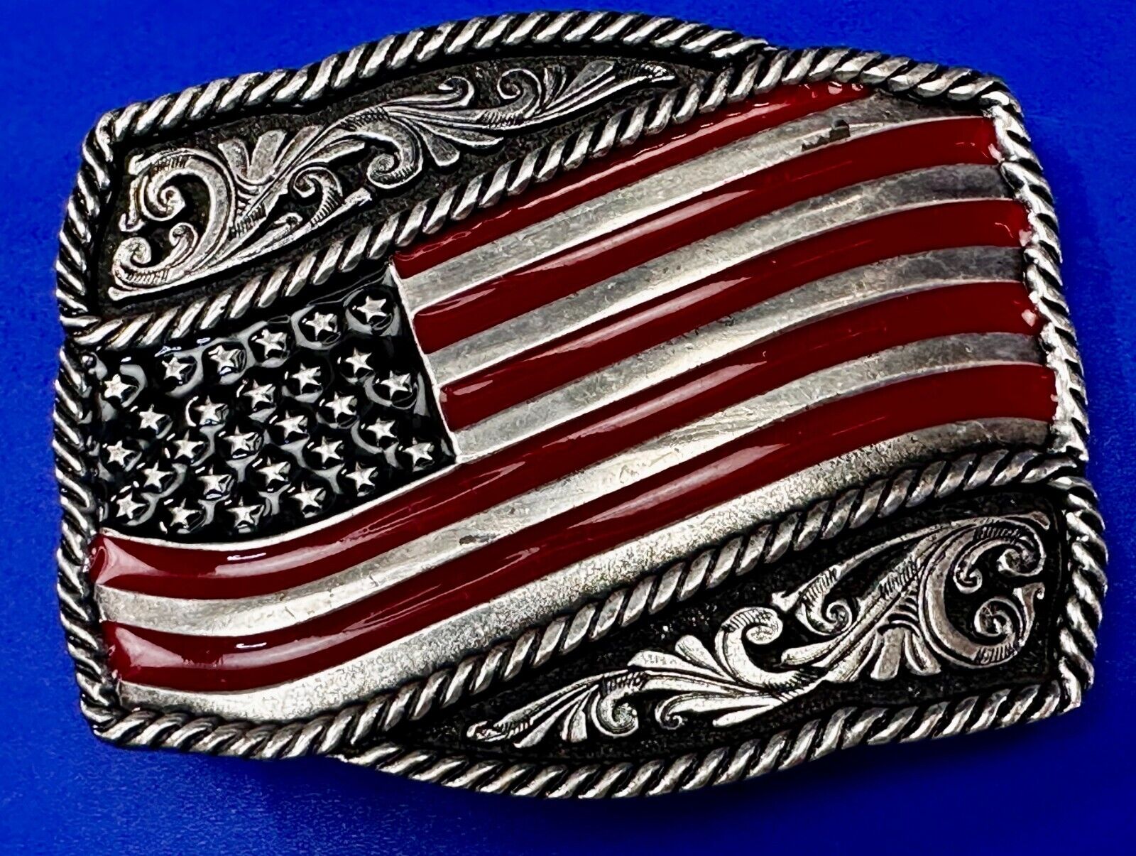 Patriotic American Flag USA Flower Swirl Western Belt Buckle Montana Silversmith