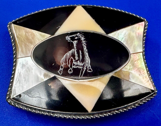 Antique Etched Bronco Mother of Pearl Inlay Artisan Silver? Belt Buckle