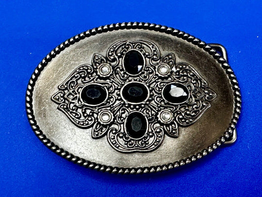 Black & White Rhinestones on Ornate Western Oval Belt Buckle with Rope Border