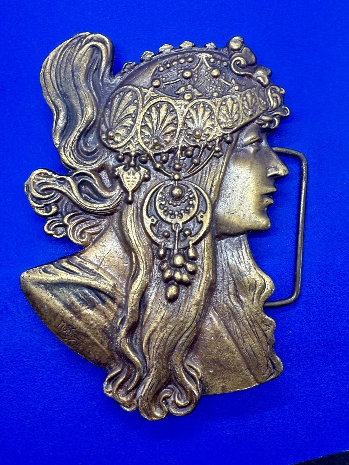 Alphonse Mucha Art Nouveau Boho Hippy Vibe Brass Tone Bergamot Belt Buckle E-60