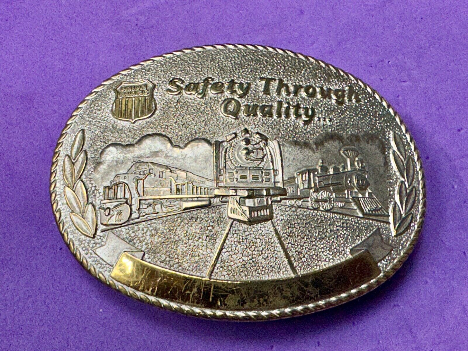 Union Pacific Rail Road SAFETY THROUGH QUALITY Train Engine STOTTS belt buckle