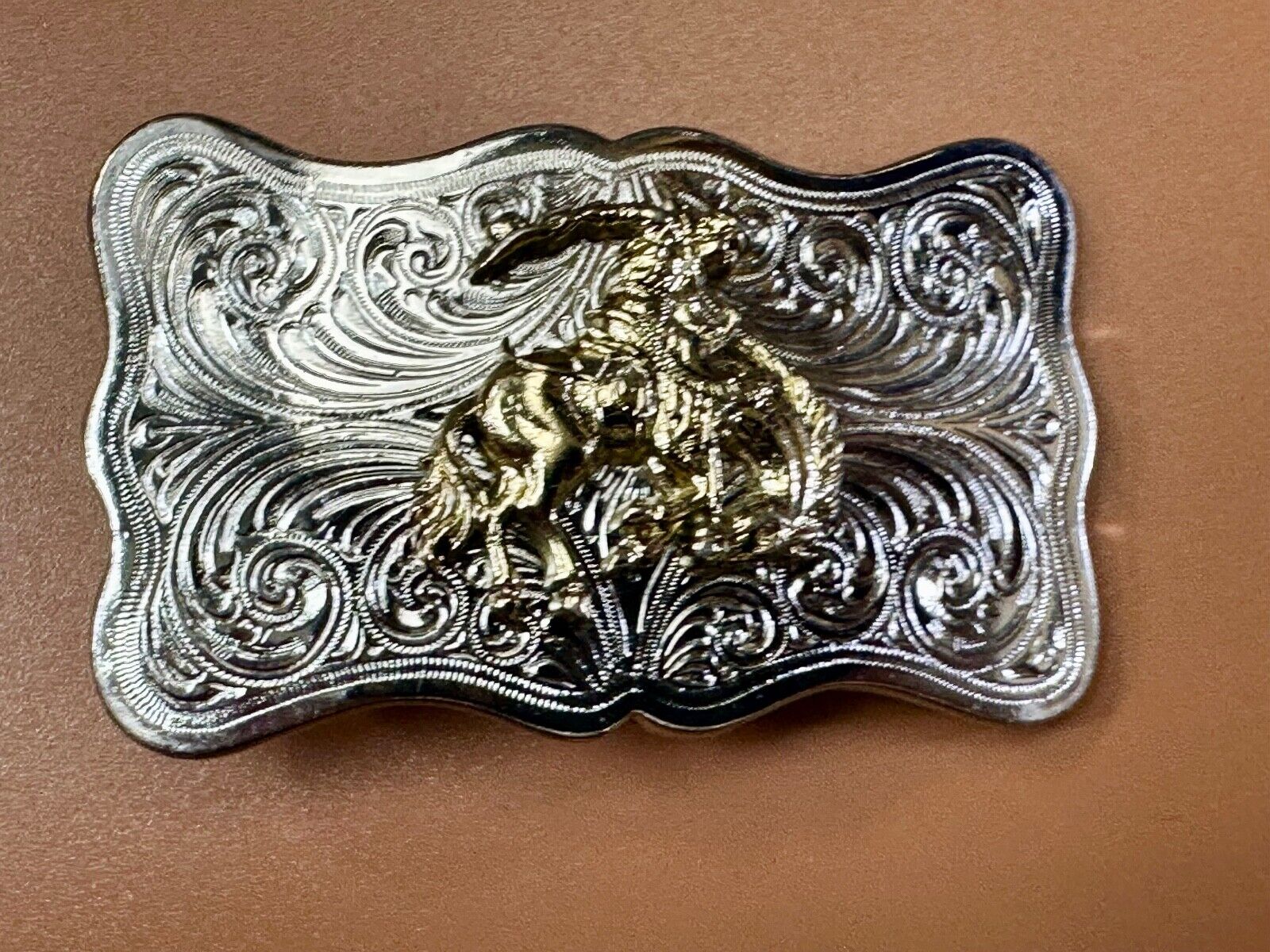 Vintage Cowboy Saddle Bronc western two tone ornate flower swirl belt buckle