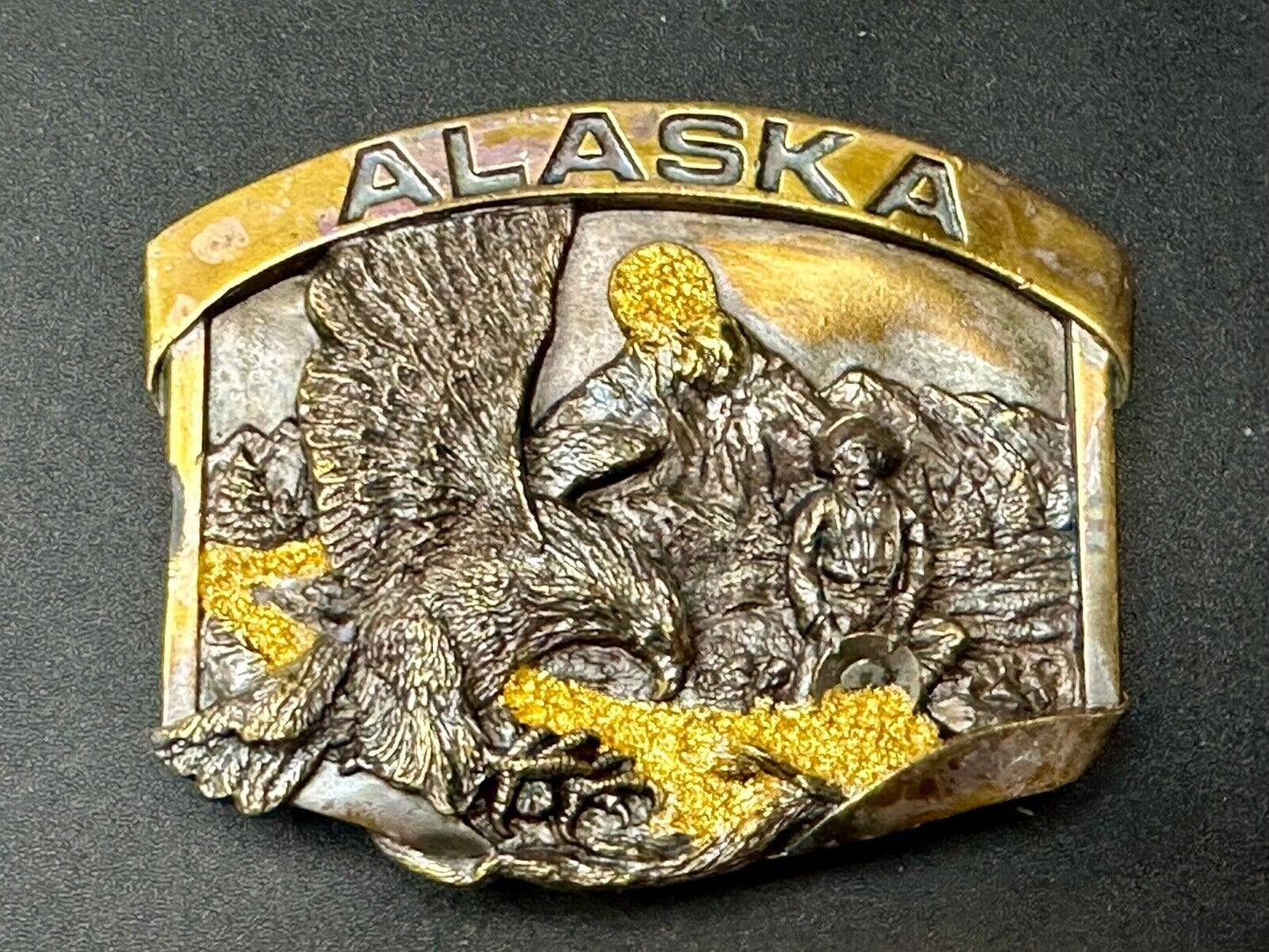 Alaska Gold Rush Mining Panning gold tone Vintage 1984 Siskiyou Belt Buckle