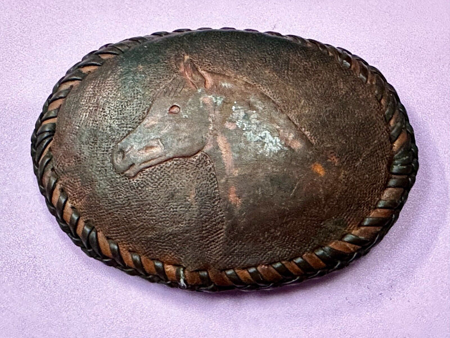 Vintage Horse Head On Brown Leather Belt Buckle to restore!