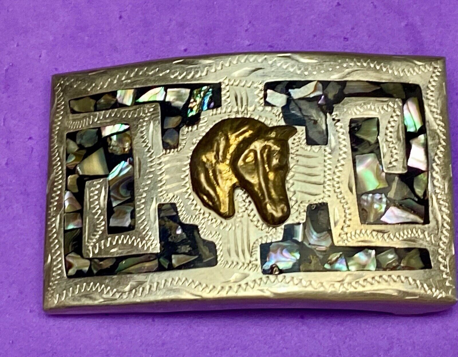 Vintage horse head on abalone shell inlay artist stamped western belt buckle