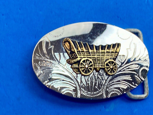 Vintage Covered Wagon Train Style Belt Buckle Silver/gold color Western Cowboy