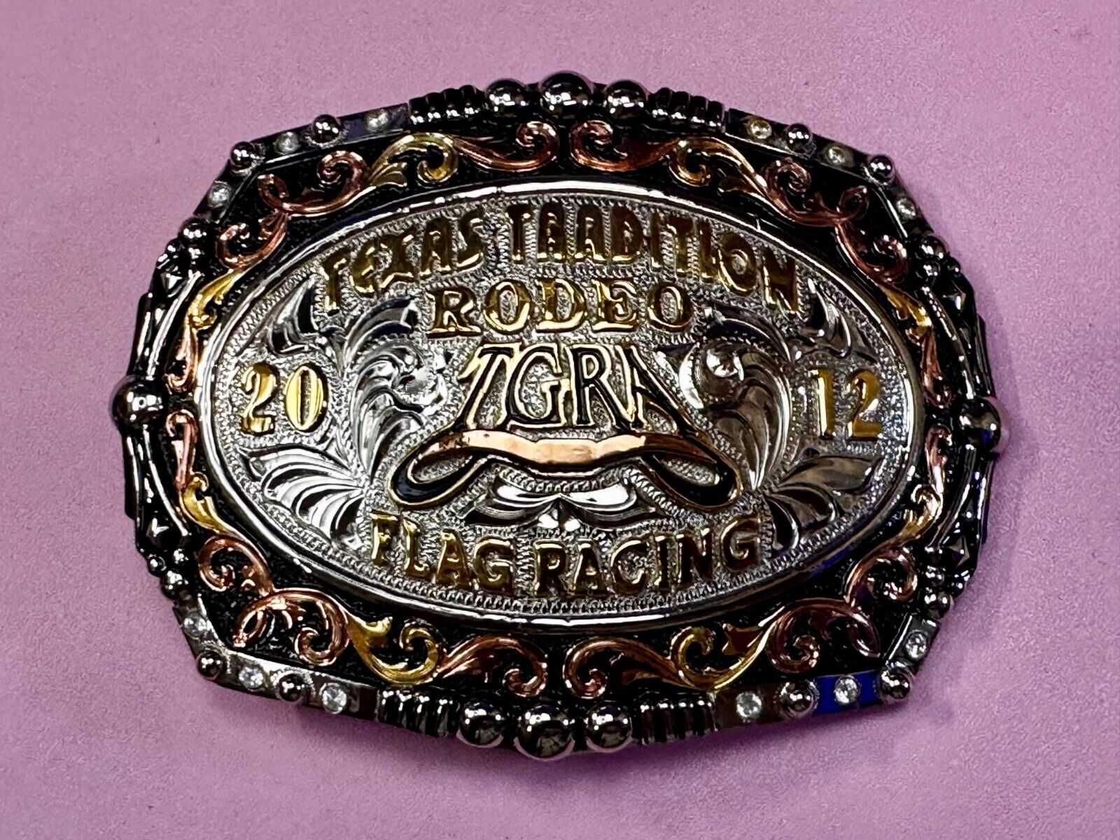 TGRA Texas Tradition Rodeo Flag Racing 2012 Trophy Award Belt Buckle Lone Star