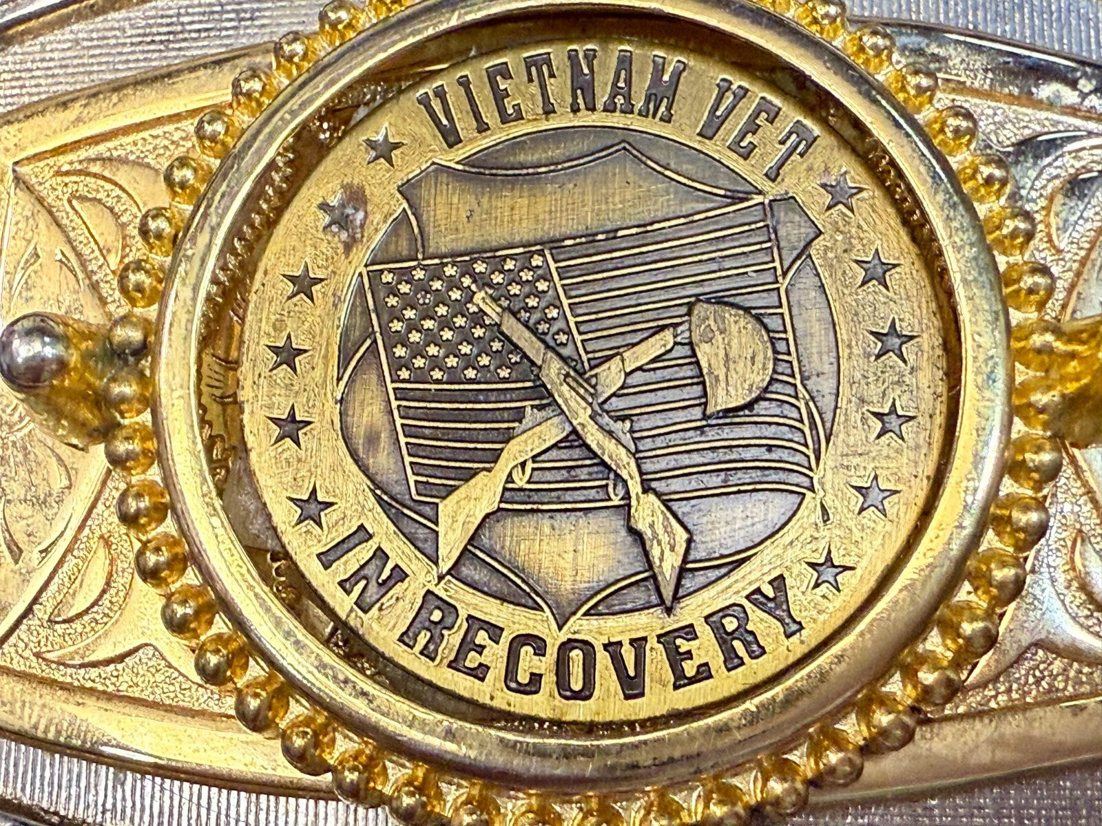 Vietnam Vet In Recovery Patriotic American Usa Gold Tone Belt Buckle