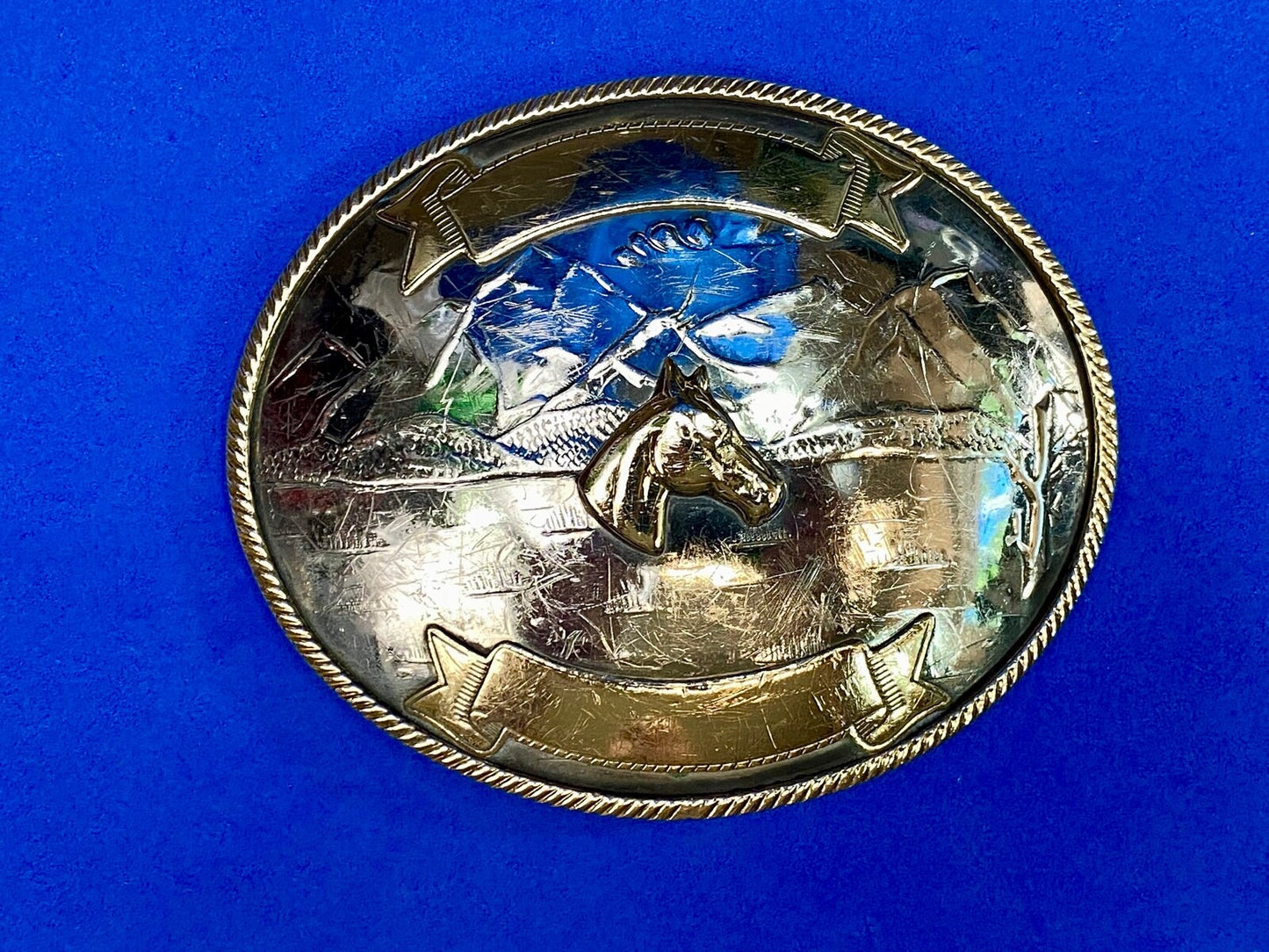  Vintage Horse Head Bust German Silver Art Western Award Scroll Belt Buckle 