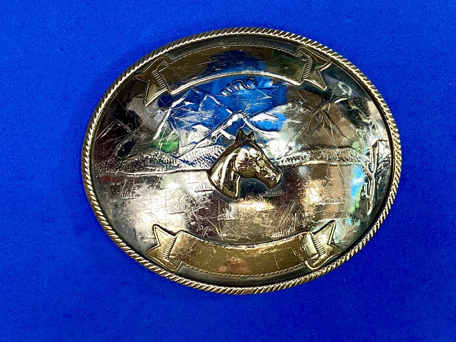  Vintage Horse Head Bust German Silver Art Western Award Scroll Belt Buckle 