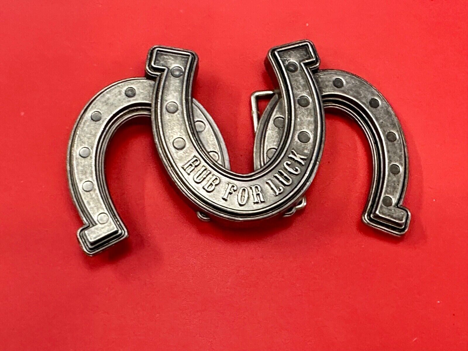 Triple trio horseshoes lucky Novelty belt buckle RUB FOR LUCK horse shoe