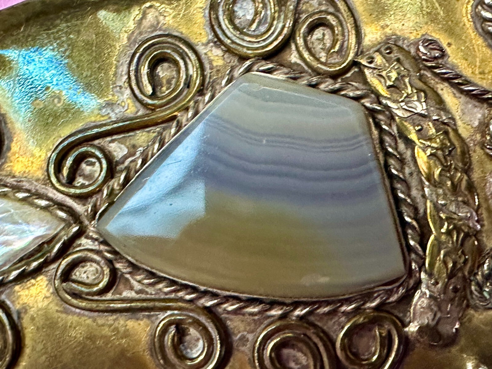 Artisan Mixed Stone Shell Art Nouveau Boho Brass Hippy Vibe Large Belt Buckle