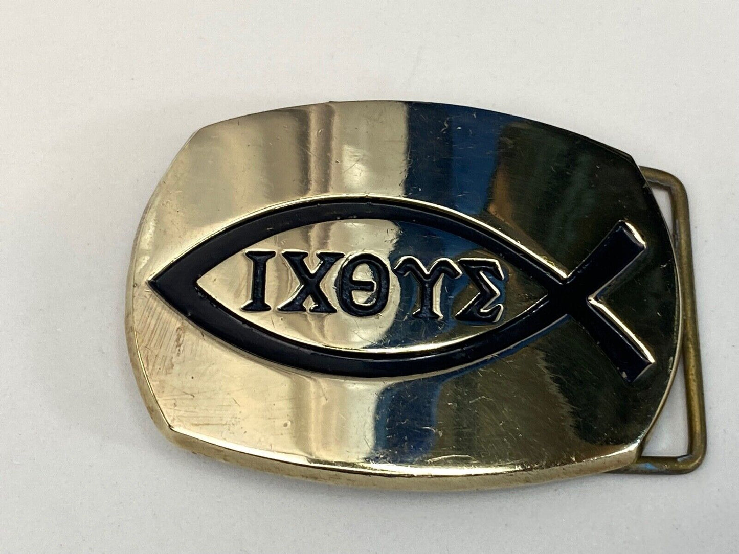 Vintage Ichthus Jesus Fish Ixoye Christian Symbol Icthus Brass Belt Buckle 