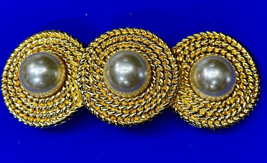 Three Round Faux Pearl's HUGE Statement Large Gold Tone Vintage Belt Buckle