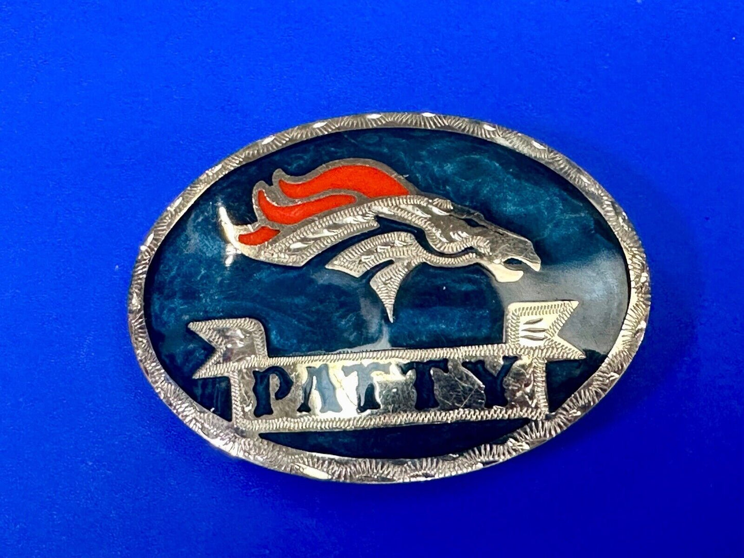 Artisan Custom Name PATTY ribbon - enamel inlaid Mustang race horse belt buckle