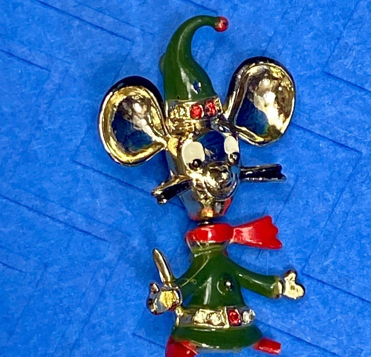 Vintage Jumping Mouse Brooch Pin by BEATRICE Red Green Enamel on GP Signed BJ