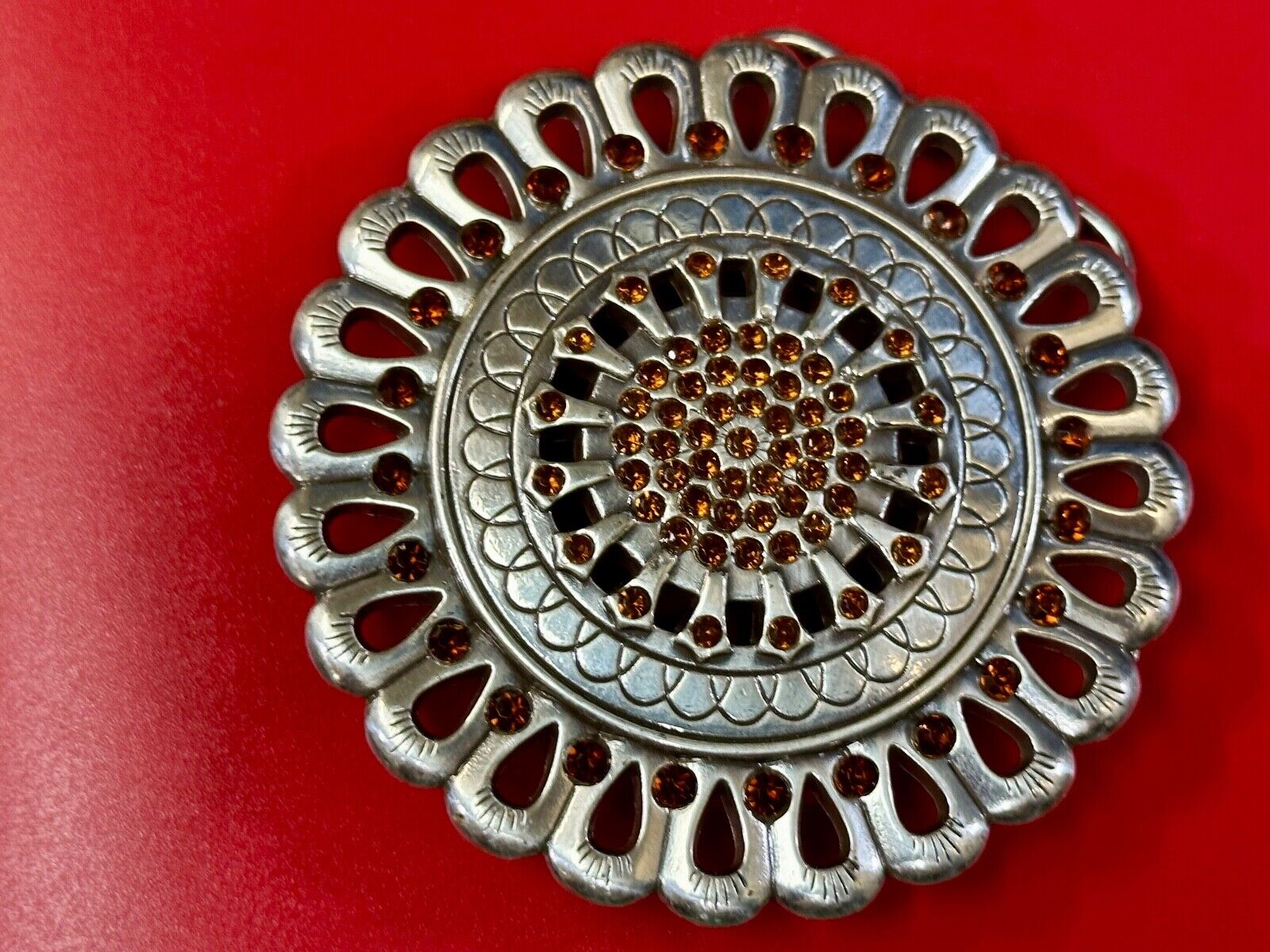 Vintage Flower shaped silver tone red rhinestone accented belt buckle