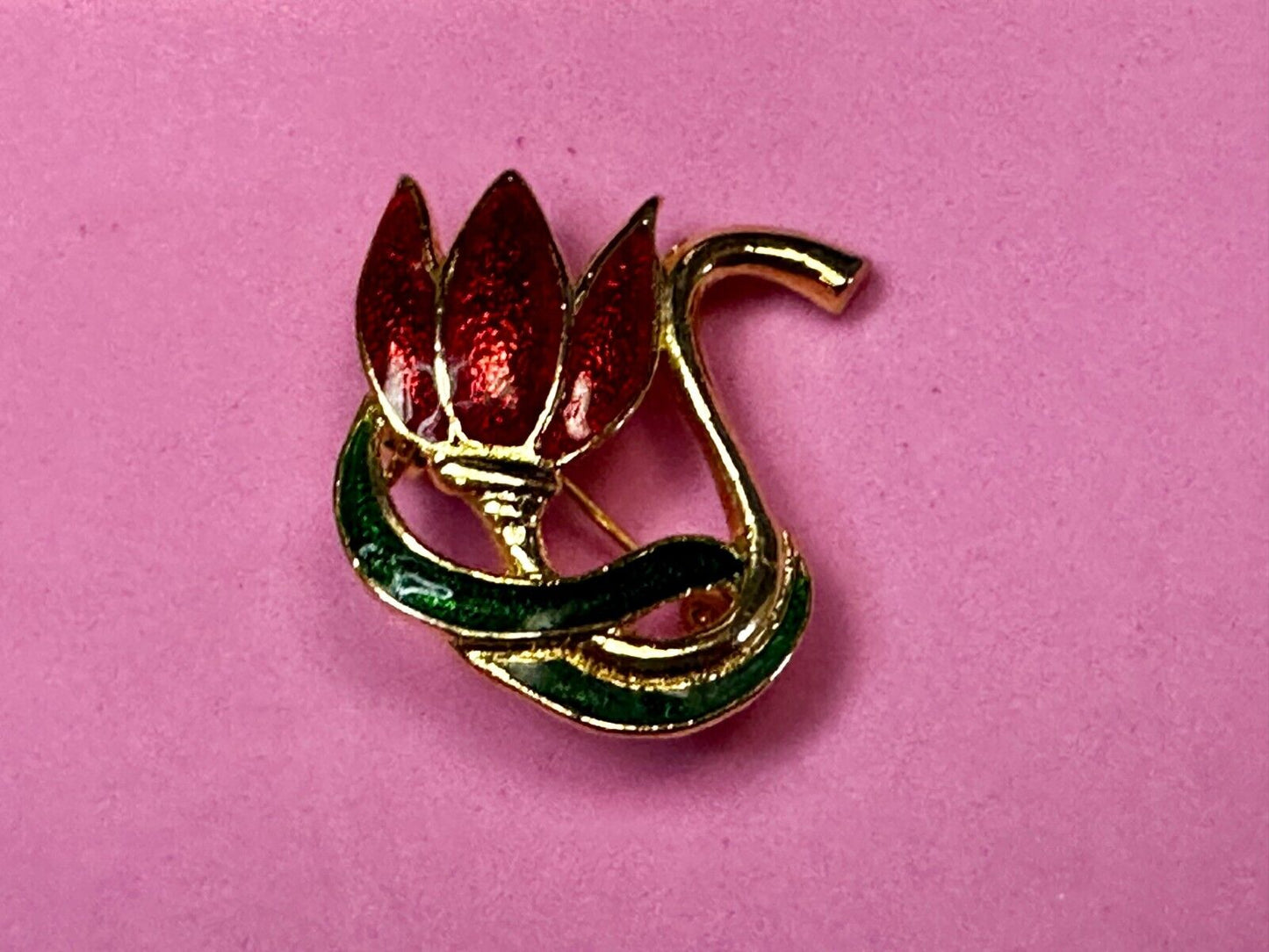 Tulip Lotus Flower Red Green Enamel Gold Tone Brooch Pin Signed by SFJ