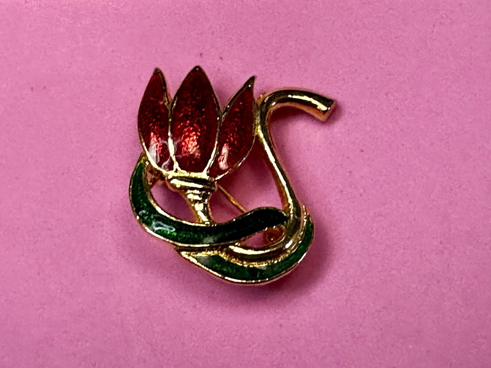 Tulip Lotus Flower Red Green Enamel Gold Tone Brooch Pin Signed by SFJ