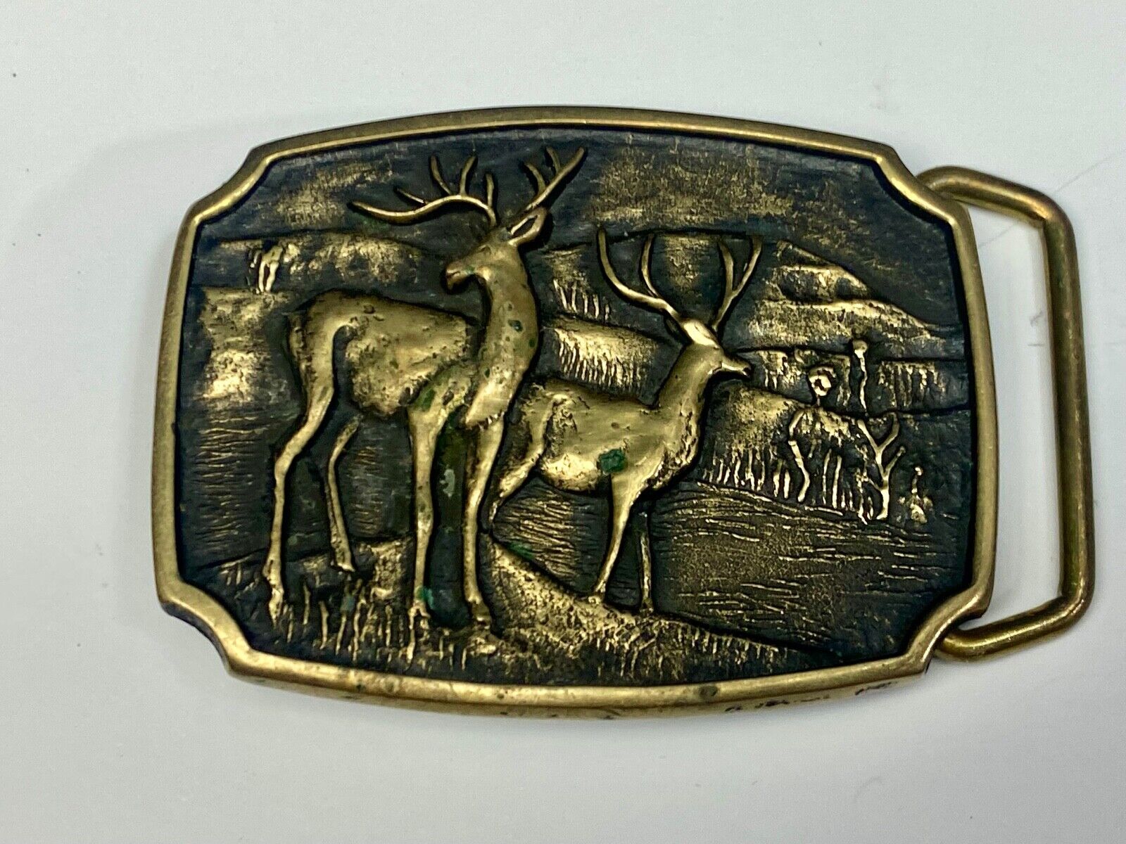 Vintage 1978 Deer in nature BTS solid Brass belt buckle 