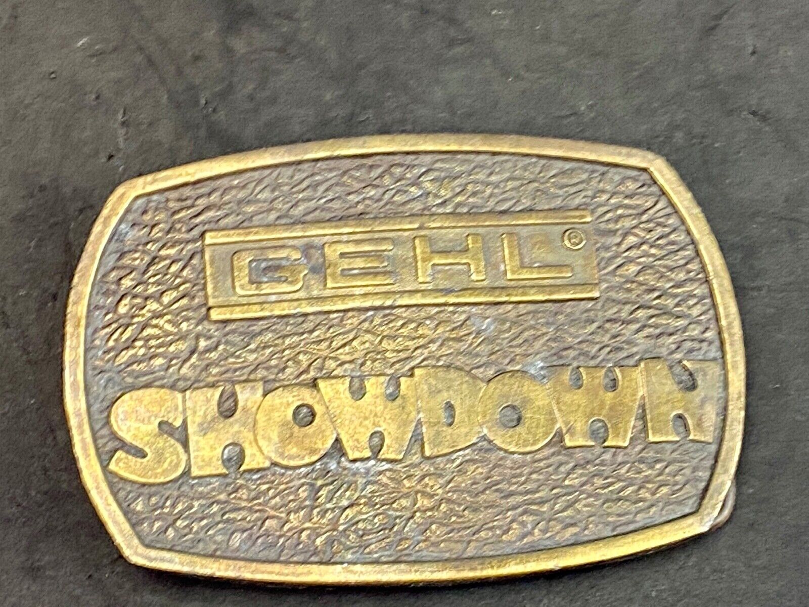 Vintage 1976 GEHL Showdown belt buckle by Bergamot - Farm Equipment Machinery 