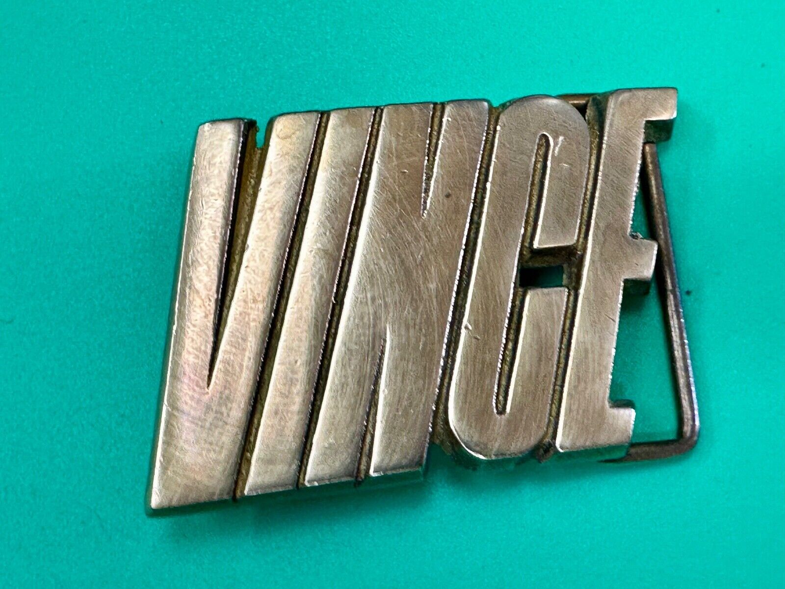 VINCE  custom name cutout block letter solid brass belt buckle by Baron Buckles
