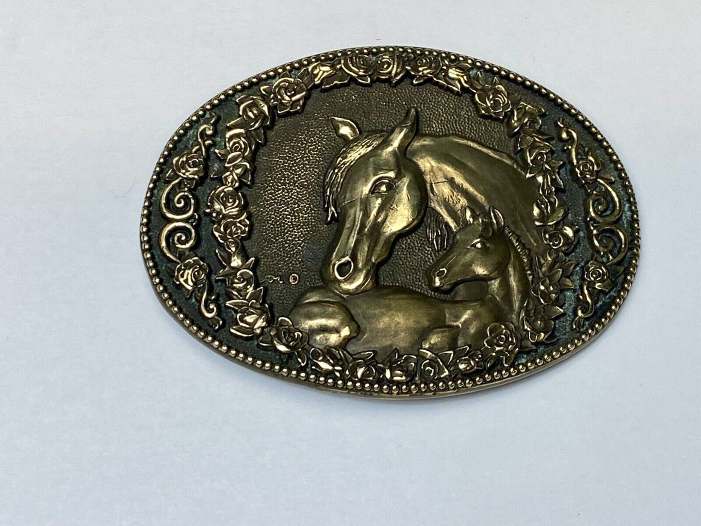 Two horse heads First addition brass belt buckle by Award Design Medals