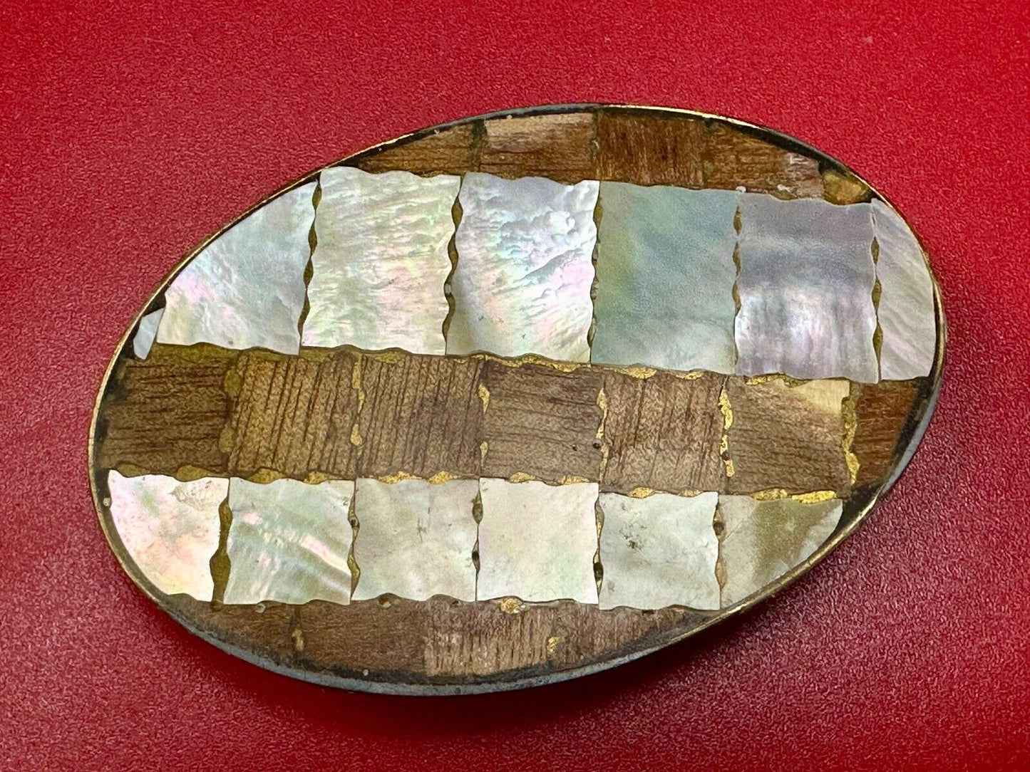 Abalone Shell and wood squares in Vintage oval belt buckle - See Hallmark!