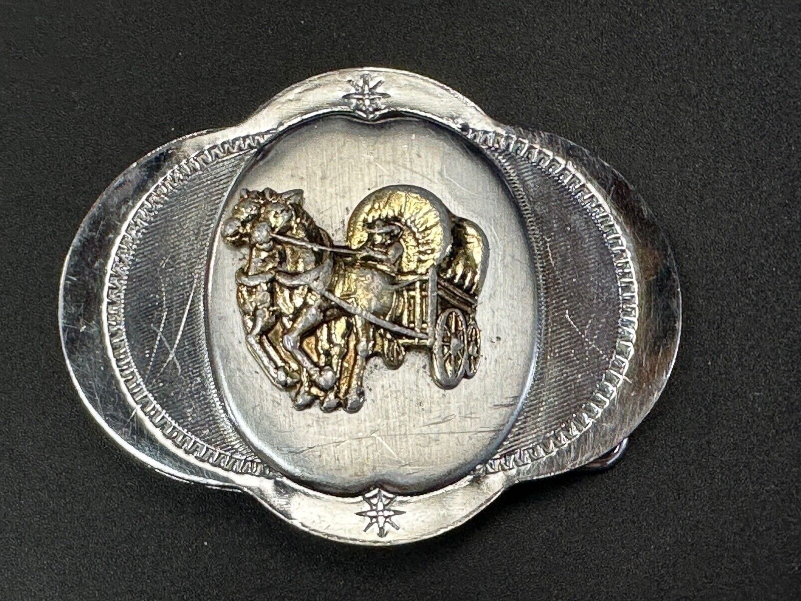Vintage Horse Drawn Covered wagon on ornate western two tone belt buckle