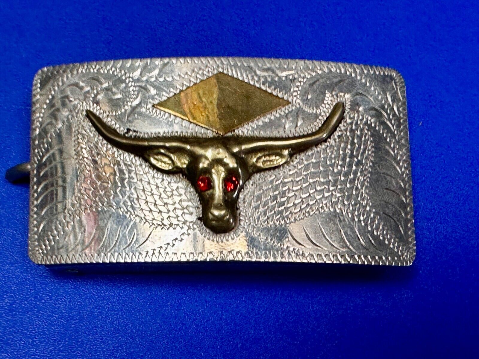 Antique Longhorn Vintage Silver & Gold Tone? Engraved Belt Buckle  Red Ruby Eyes