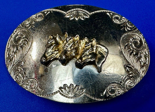 Three Horse Heads - Vintage Western Ornate Reflective Oval Two Tone Belt Buckle