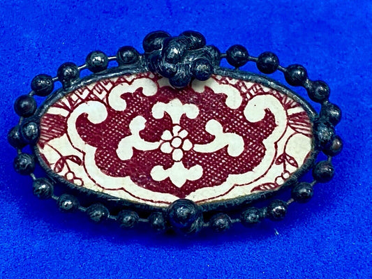 Artisan Signed Red White Oval Tile Brooch Pin Black Beading