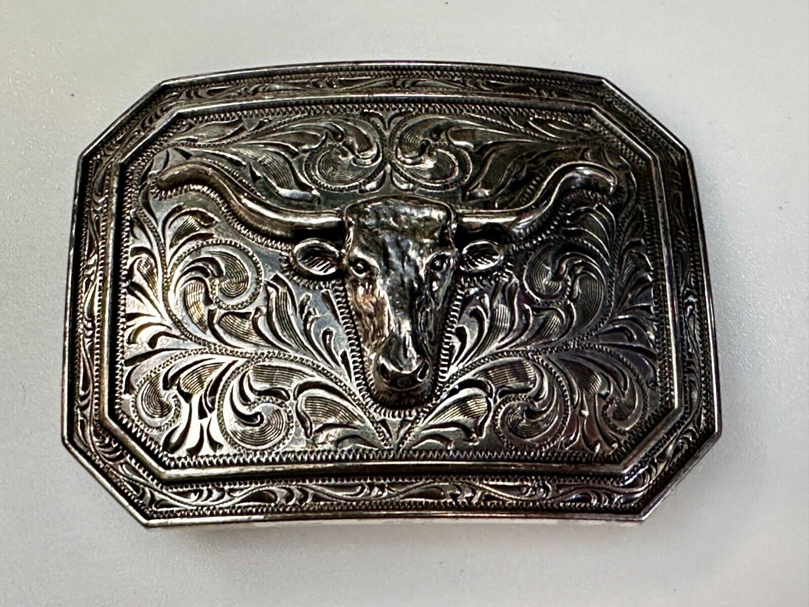 Texas Longhorn Cow Head Steer Ornate Silver Color Western Cowboy Belt Buckle