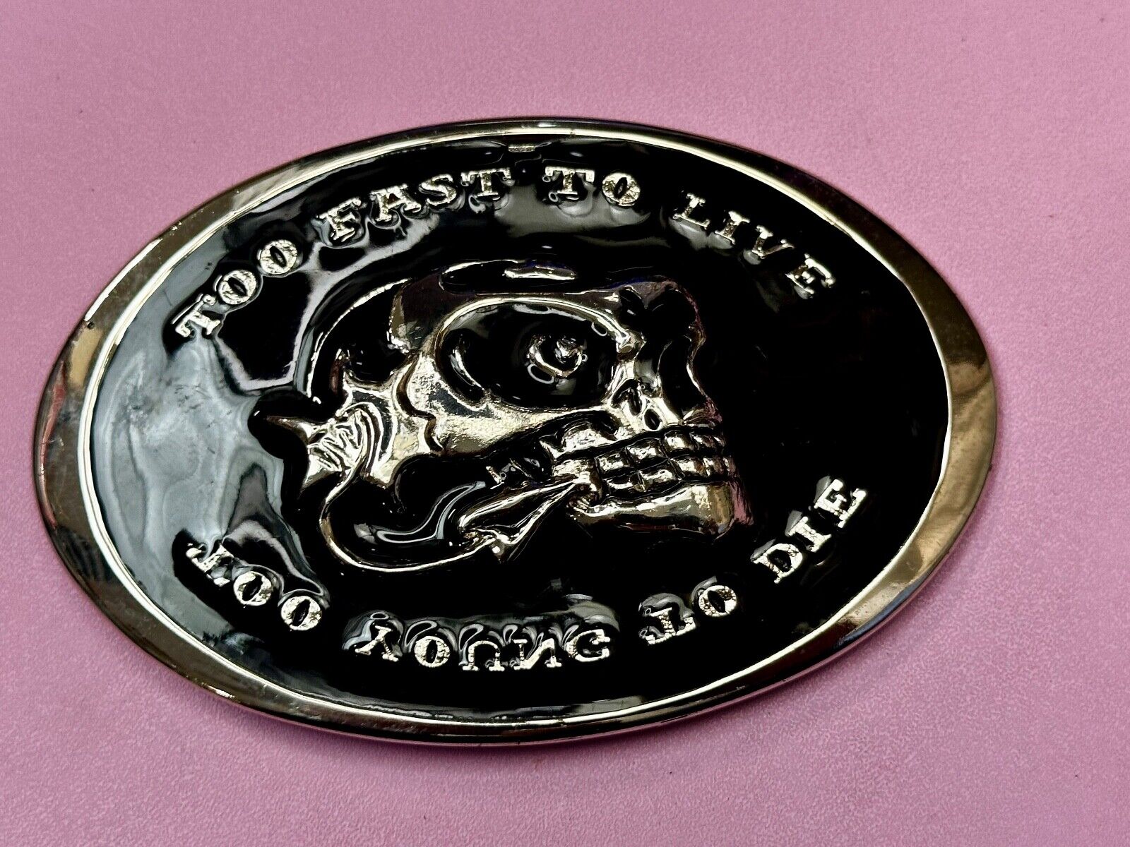 Too Fast to Live, Too Young to Die Skull black and silver tone Belt Buckle
