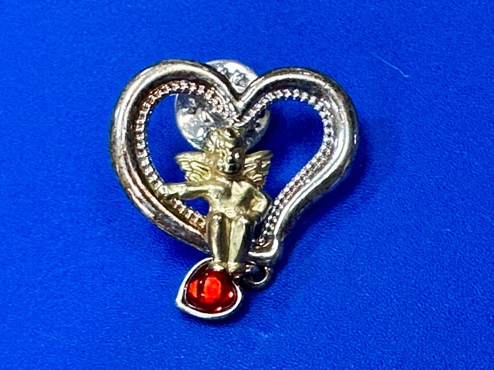 Angle Sitting in Heart Shaped Brooch pin with red heart dangle charm