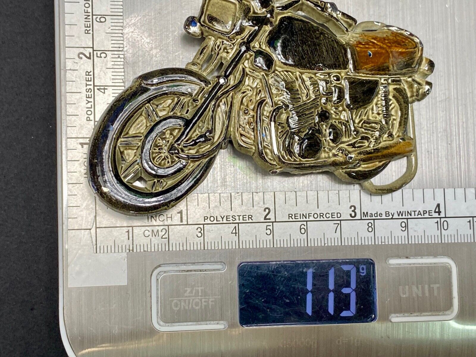 4" wide cut out Motorcycle shaped brown black & silver color belt buckle 