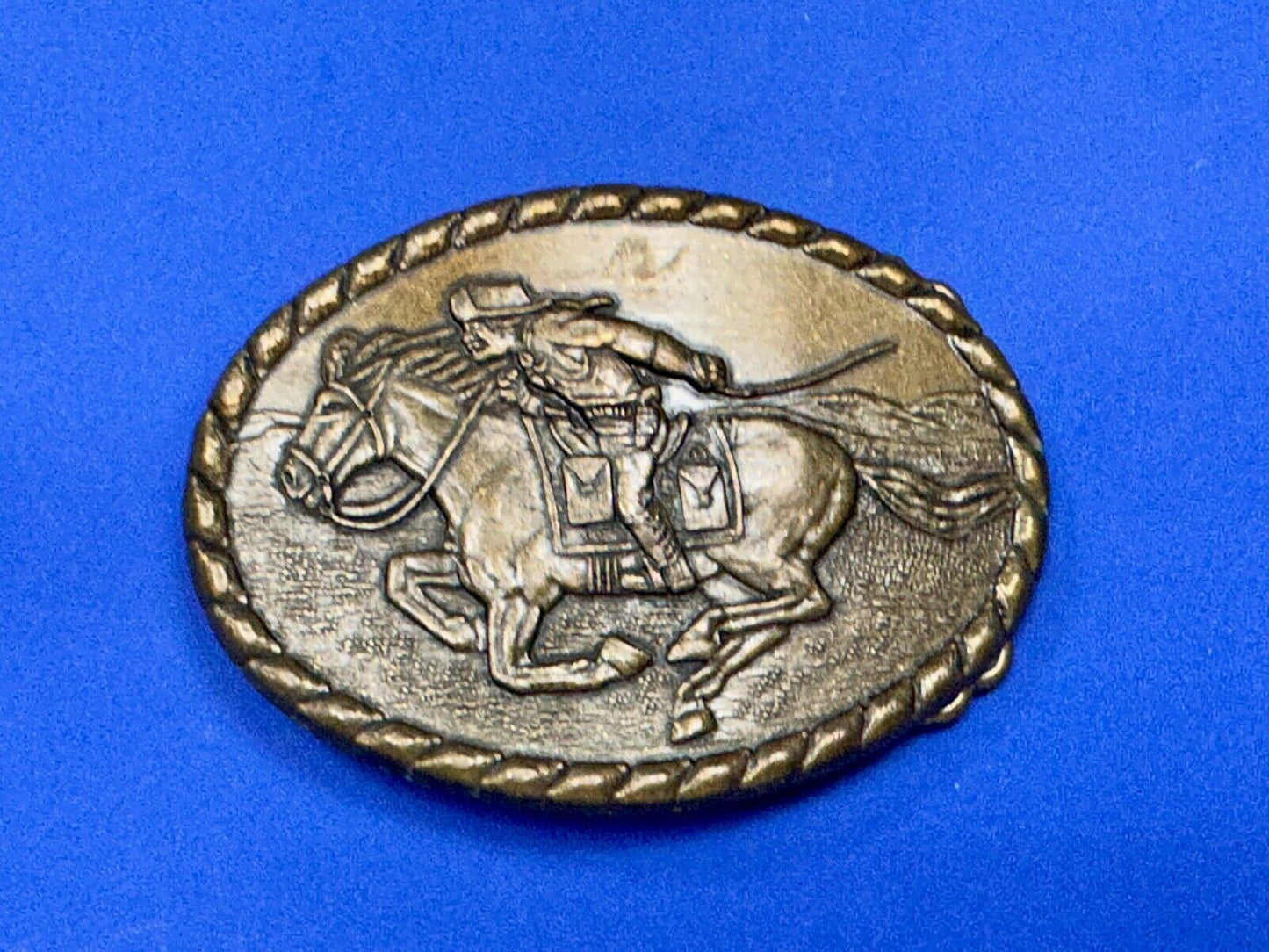 Vintage 1981 Mervyn's Pony Express Rider  Brass Belt Buckle Western Belt Buckle