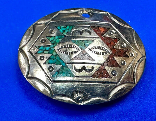 Vintage crushed turquoise & coral inlaid small southwestern belt buckle