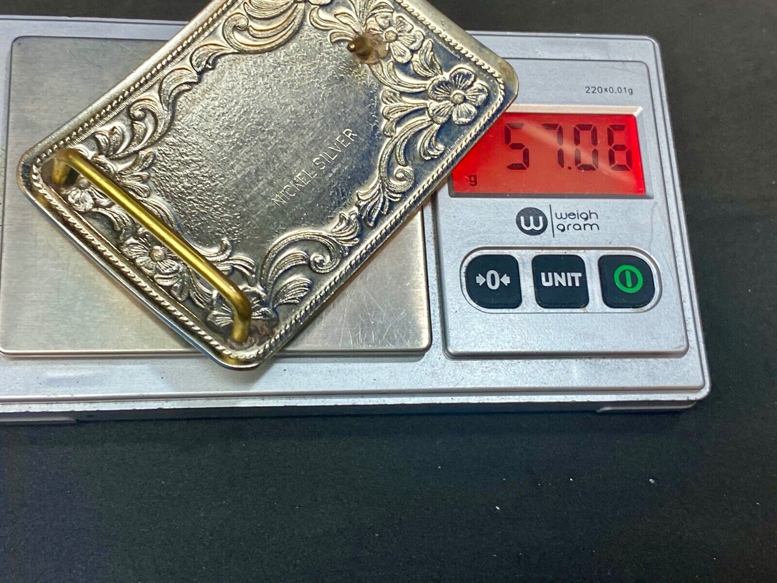 Antique Horse western Nickle Silver and black paint flower swirl belt buckle 