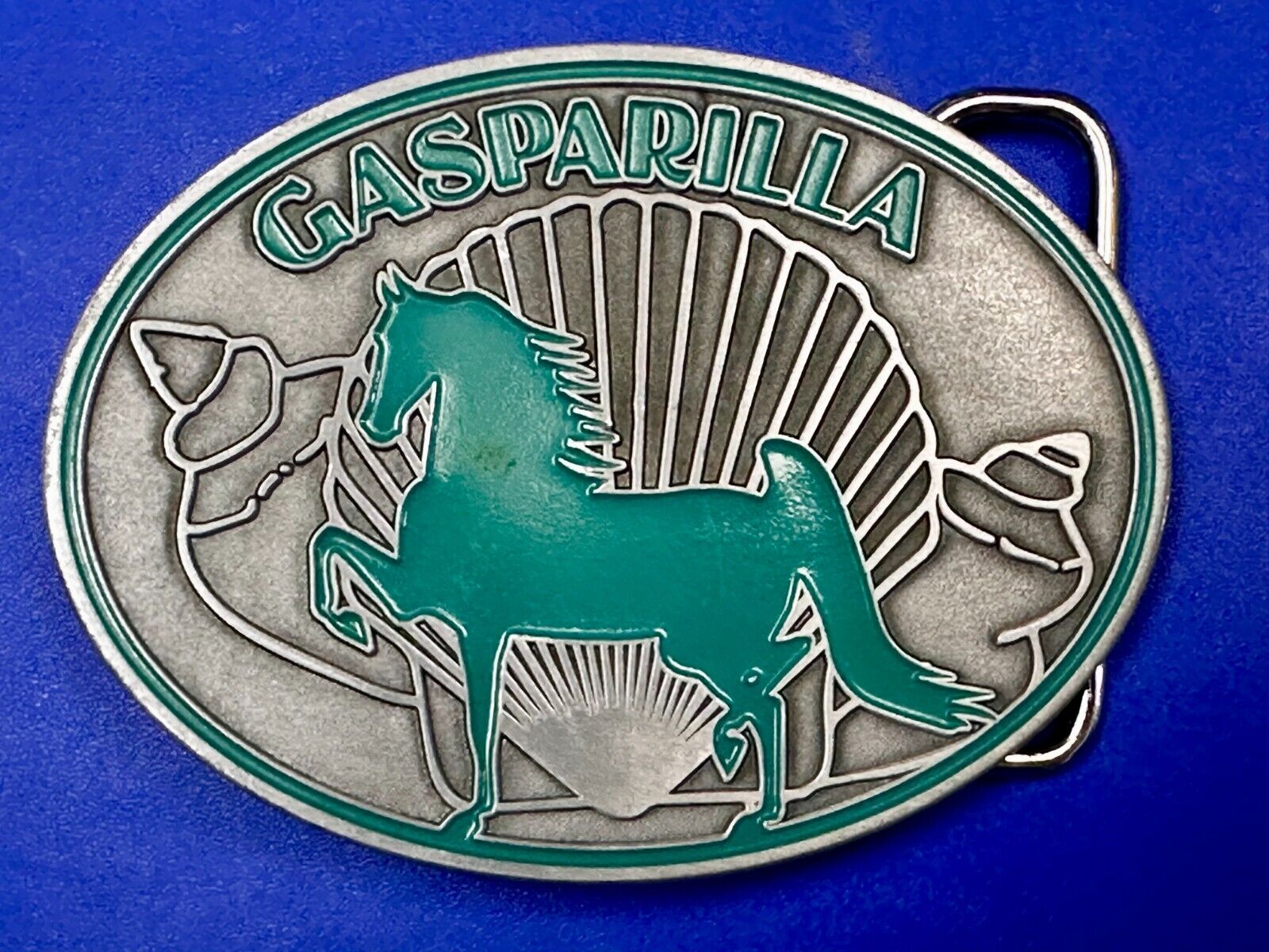 Gasparilla Horse Stallion W/ Sea Shells Green Enameled Accents Belt Buckle