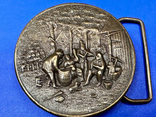 Village Scene Fiddle Miner Workers Bergamot Brass Works A-72 Belt Buckle