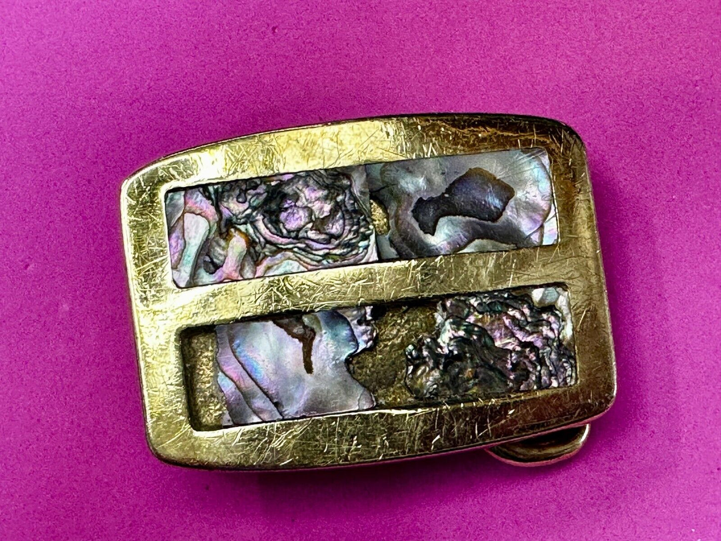 Alabone Shell  Inlay Hippy Boho Style Small Solid Brass Belt Buckle
