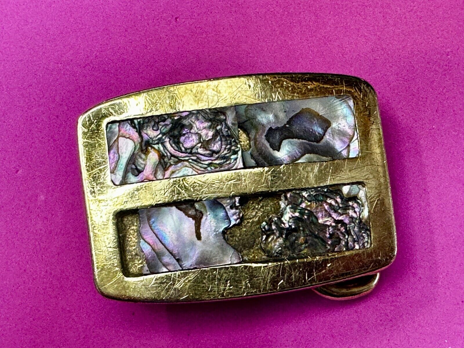 Alabone Shell  Inlay Hippy Boho Style Small Solid Brass Belt Buckle