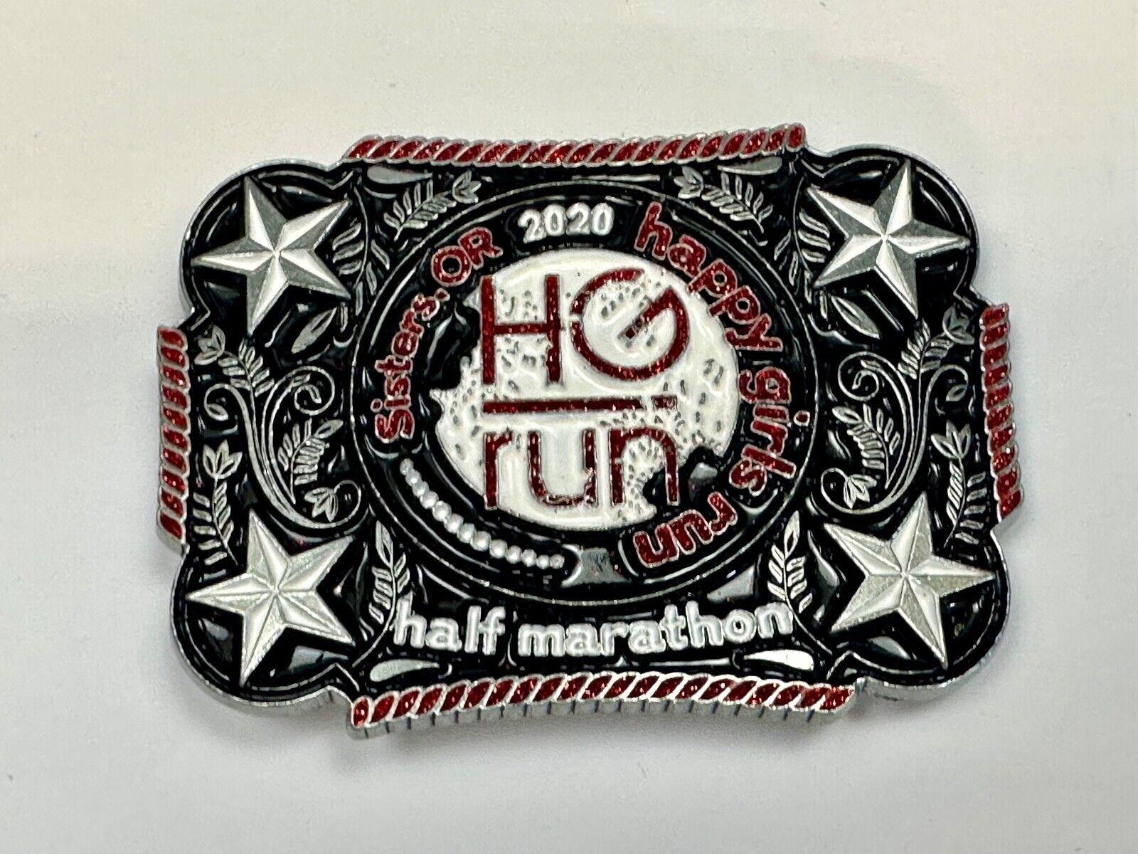 2020 Happy Girls Run HGR marathon silver tone stars in corner belt buckle