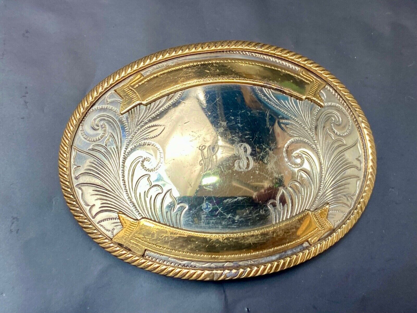 Vintage German Silver two tone rodeo award trophy style engraved belt buckle