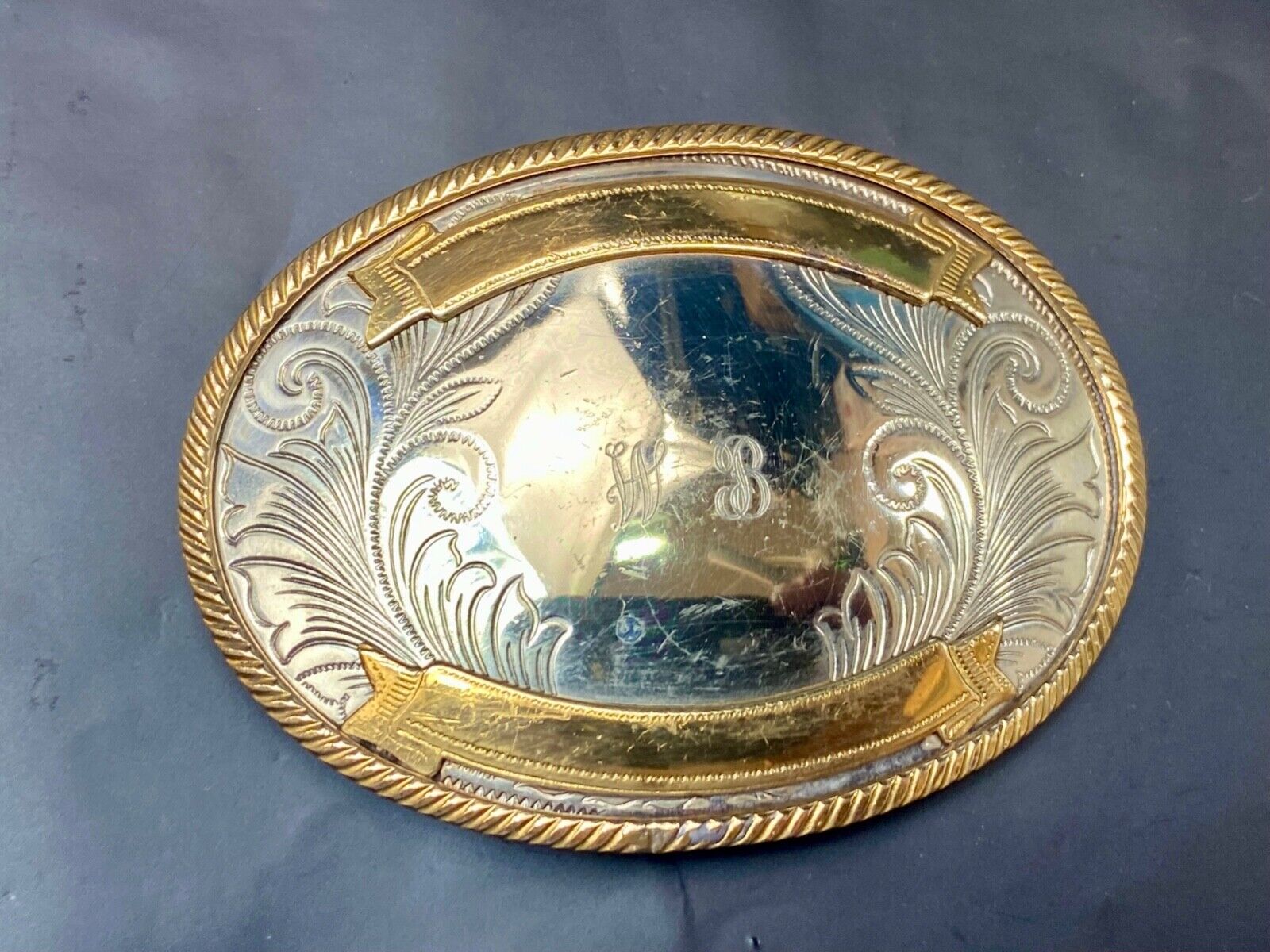 Vintage German Silver two tone rodeo award trophy style engraved belt buckle
