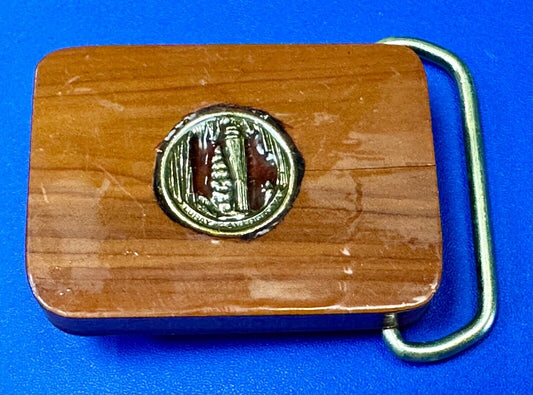Artisan wood belt buckle with inlaid Luary Caverns cave token coin