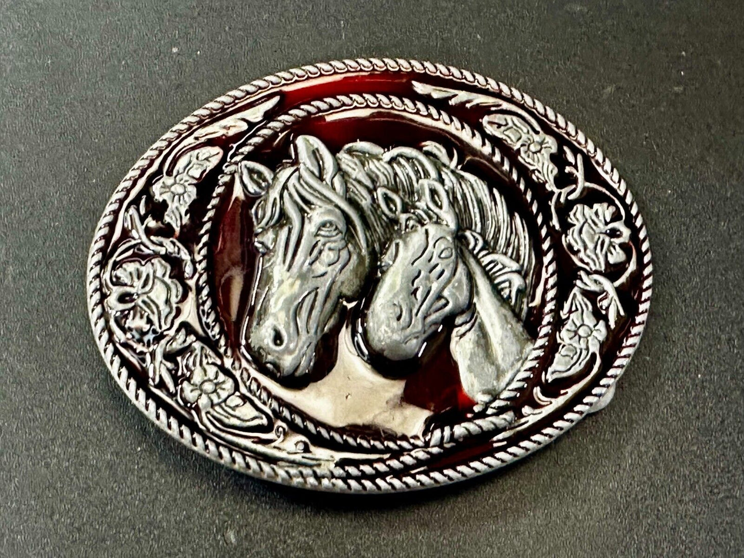 Two Horse Head's Red Color Enameled Western Cowboy's Belt Buckle