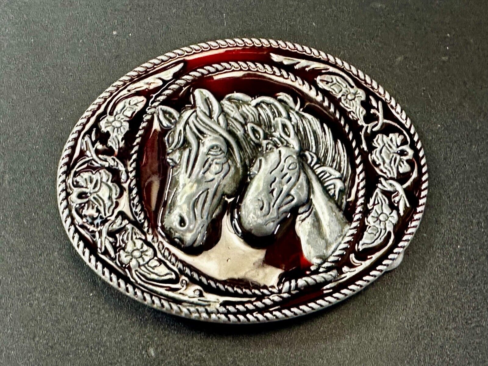 Two Horse Head's Red Color Enameled Western Cowboy's Belt Buckle