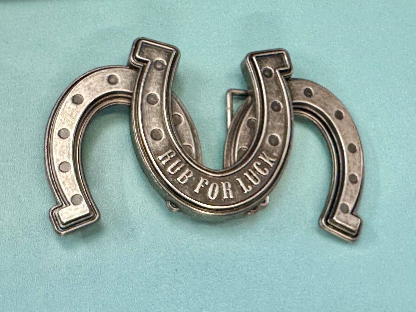 Triple trio horseshoes lucky Novelty belt buckle RUB FOR LUCK horse shoe